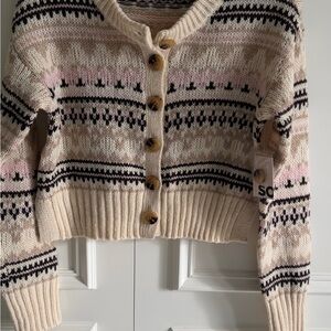 SO ….. Creamy Pink Fair Isle Cardigan with Pink & Brown Accents